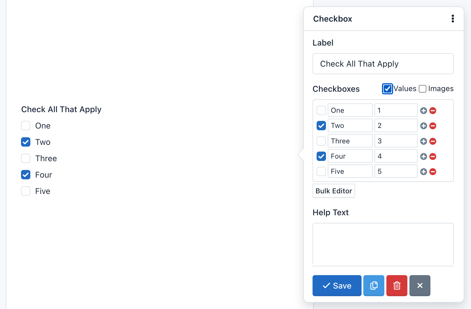 Verso Forms - Form Builder - Checkbox Component with Bulk Editor