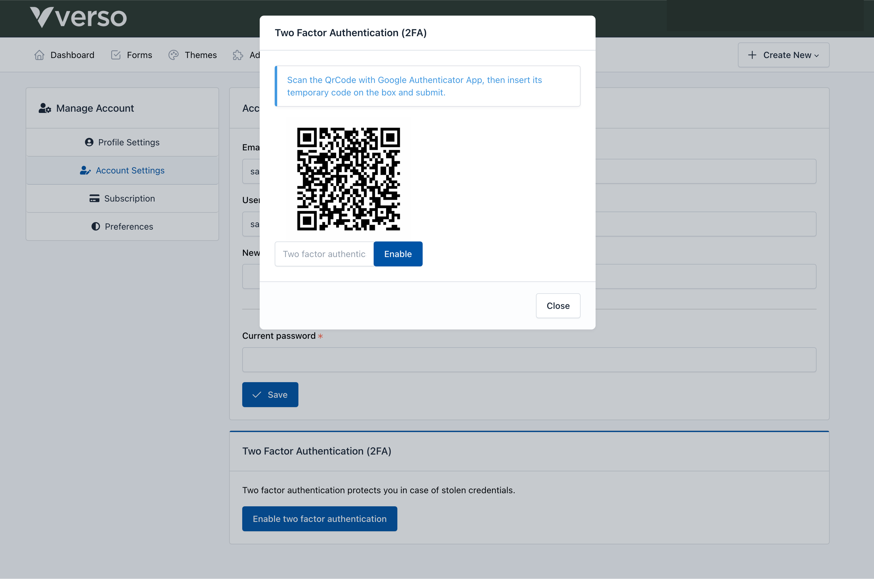 Enable 2FA on user account - Verso Forms