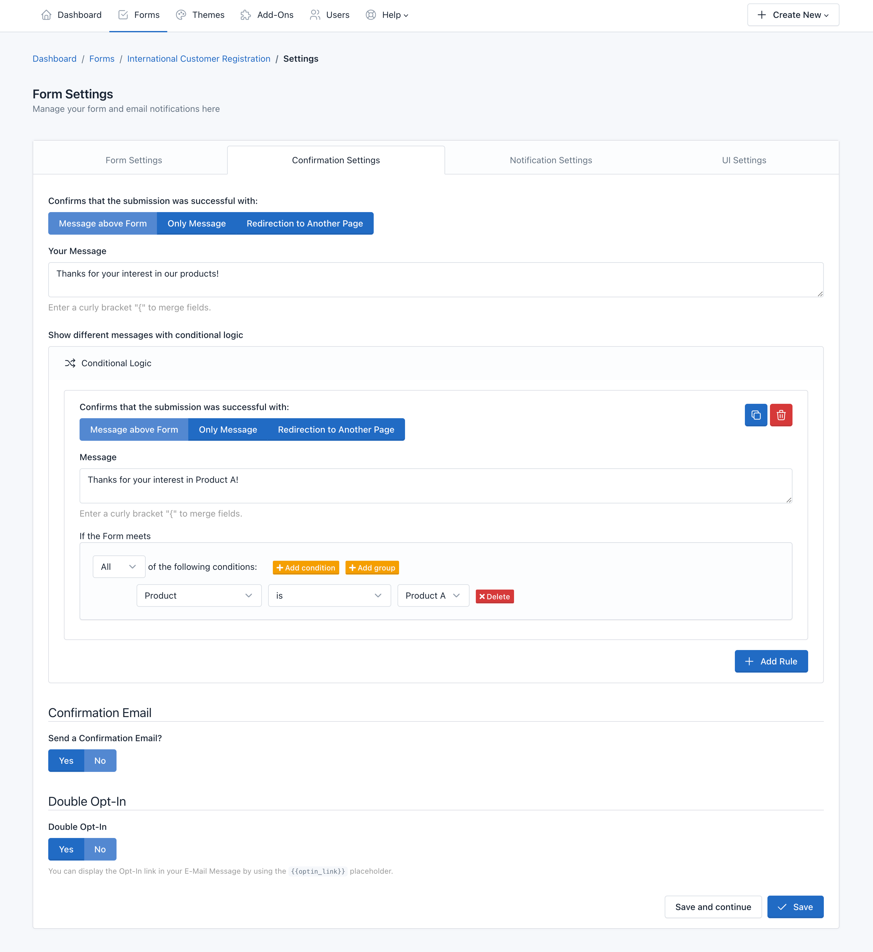 Verso Forms - Confirmation Settings