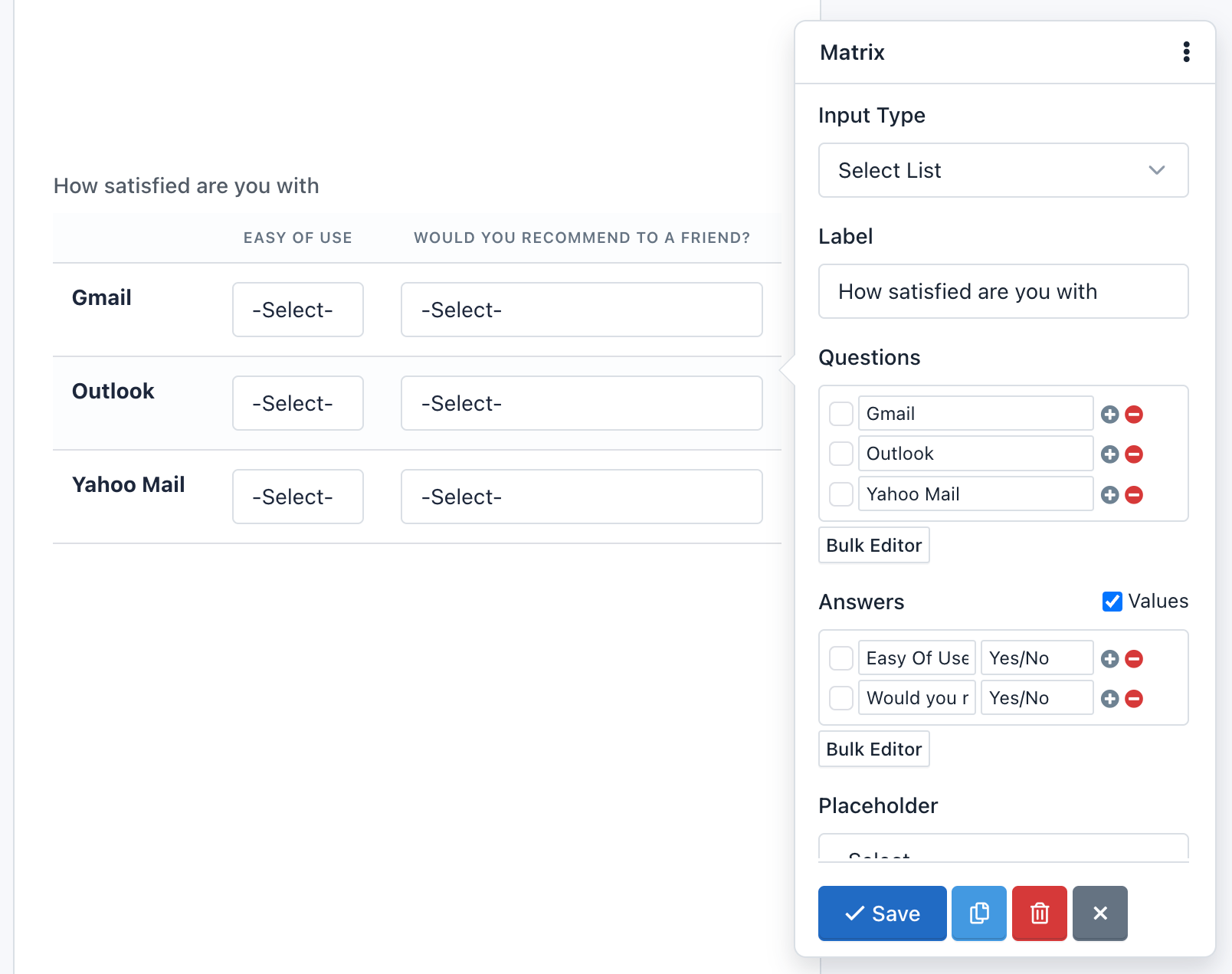 Verso Forms - Form Builder - Matrix Field with Select List