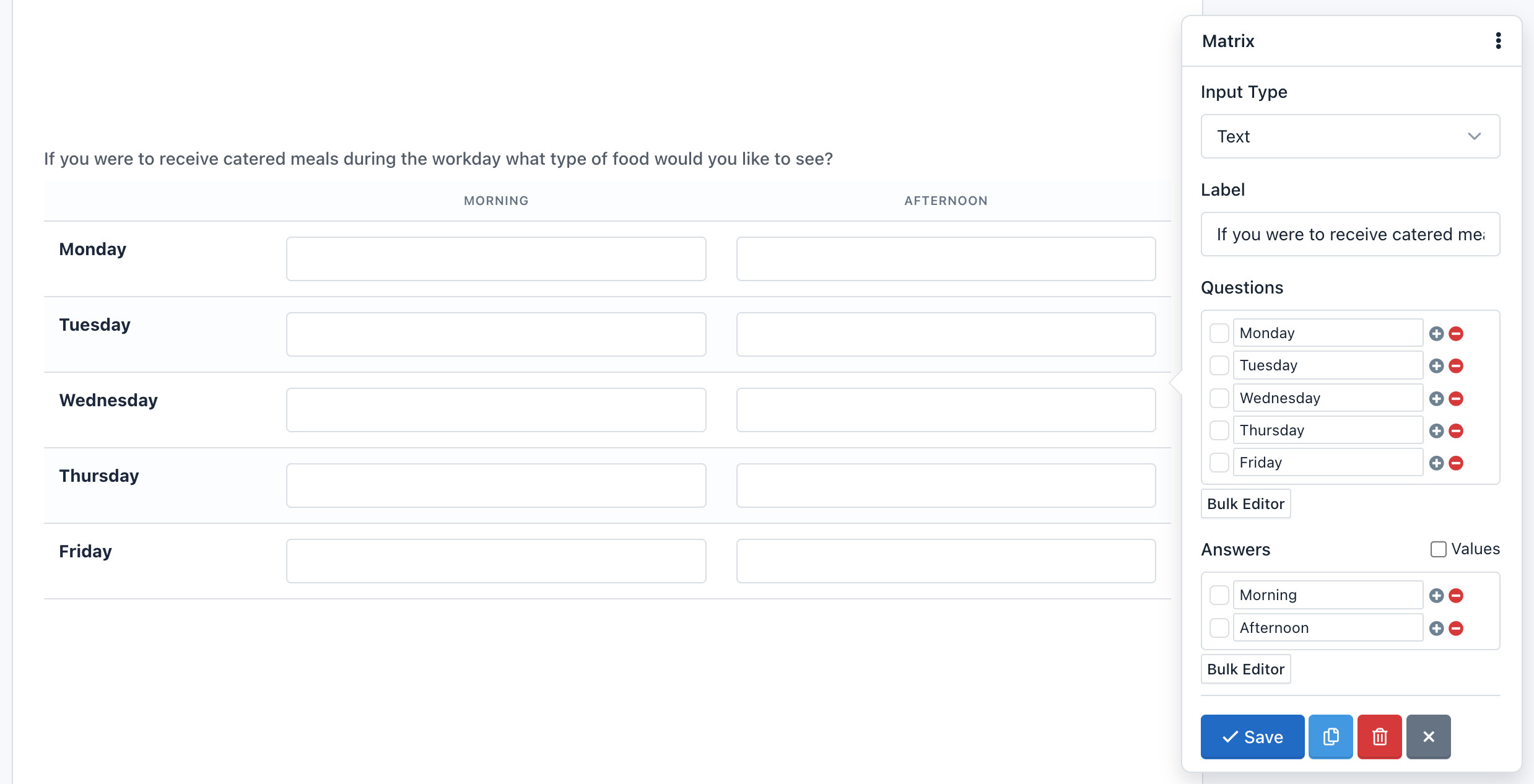 Verso Forms - Form Builder - Matrix Field with Text Inputs